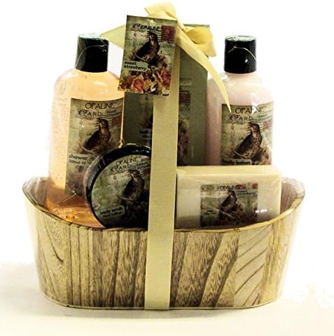 Opaline Sweet Strawberry Bath Spa Gift Set - Shower Gel, Body Lotion, Body Scrub, Soap and Bath Salt in a Wooden Gift Basket