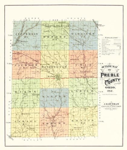 Old County Maps - PREBLE COUNTY OHIO (OH) OUTLINE MAP 1912 - Matte Bright Canvas