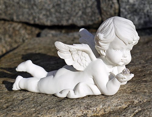 Engel liegend mit Glitzerstein Putte Engelsfigur L 15 cm Polystone weiß