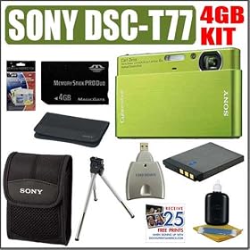 Sony Cybershot DSC-T77 10MP Digital Camera (Green) + 4GB Deluxe Accessory Kit