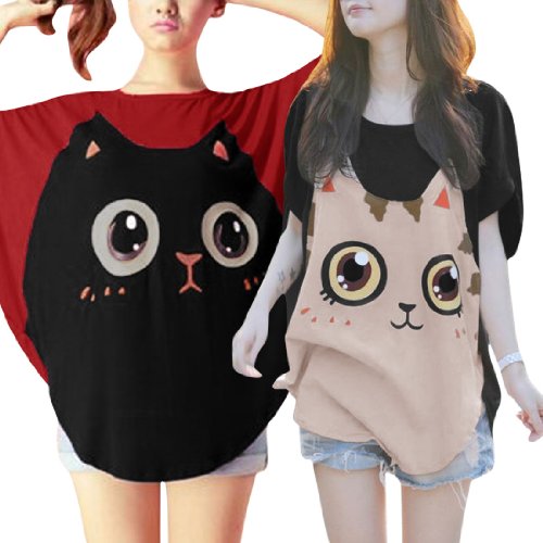 Allegra K Women's Round Neck Batwing Sleeve Cartoon Pullover Tunic Shirt