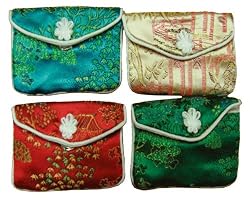 Assorted Asian brocade jewelry pouches with snap closure - set of 4