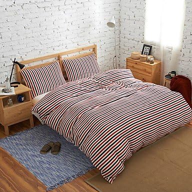 Shanshan Set Of 4 Muji Style 100% Cotton Knitted fabric Blue Red Stripe Duvet Covers