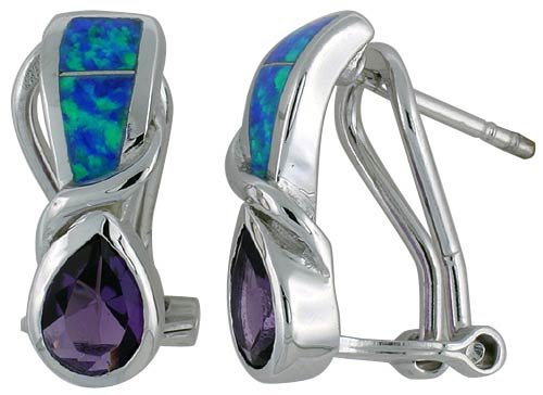 Sterling Silver, Synthetic Opal Inlay Clip Earrings with Pear Shape Amethyst CZ, 3/4