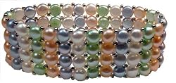 4 Rows of Fresh Water Metallic Blue/Green/Beige/ White Colored Pearls with Sterling Silver