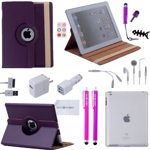 Accessory Bundle for iPad 2 and iPad 3 including 360 Rotating Leather Case / 1 TPU Case / 1 Pair of Earphones with Microphone / 4 Stylus Pens / 1 Dual Earphone Splitter / 1 Pack of Home Button Stickers / 1 Wire Collector / 1 Wall Charger / 1 Car Charger / 1 USB Charging Cable / 1 Screen Protector / 1 Eco-Fused Microfiber Cleaning Cloth - One Year Guarantee