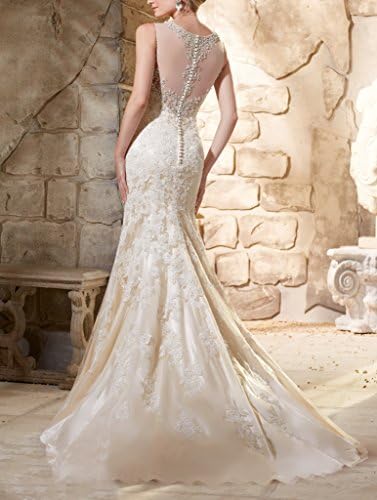 DressOnline Crystal Beaded Bodice Mermaid Wedding Gown Lace Appliques 2 Ivory