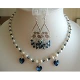 Nsc143 Genuine Swarovski Cream Pearls w/ Blue Sapphire Crystals Necklace Set Handcrafted Custom Jewelry