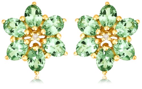 Yellow Gold Plated Sterling Silver Tsavorite with Diamond-Accent Flower Earrings
