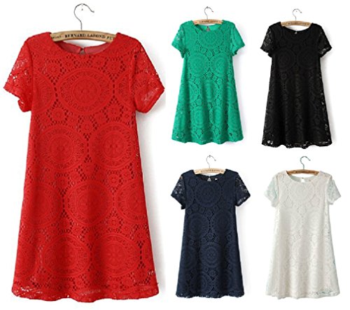 【ARINCO】 レース ドレス ワンピース 半袖 ミニ スカート キュート レディース S M L XL 大きい サイズ フレア 春 夏 ブラック レッド ネイビー ホワイト グリーン 5色