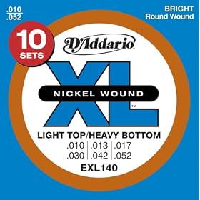 D'Addario EXL140-10P Electric Guitar Strings, Light Top/Heavy Bottom, 10-52, 10 sets