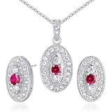 Vibrant 0.75 carat Round Shape Created Ruby Pendant Earrings Set in Sterling Silver