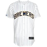 MLB Men's Milwaukee Brewers Randy Wolf White/Ryl Pinstrp Short Sleeve 6 Button Synthetic Replica Baseball Jersey Spring 2011  (White/Ryl Pinstrp, Medium)