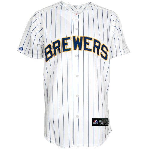 MLB Men's Milwaukee Brewers Randy Wolf White/Ryl Pinstrp Short Sleeve 6 Button Synthetic Replica Baseball Jersey Spring 2011  (White/Ryl Pinstrp, Large)