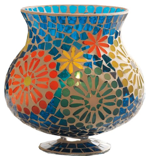 Tag Azure Mosaic Glass Hurricane Candle Lantern/Vase, 9-Inches Tall x 6.75-Inches Diameter