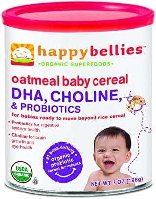 Happy Bellies Organic Baby Cereal with DHA, Choline & Probiotics, Oatmeal, 7-Ounce Canisters (Pack of 6)