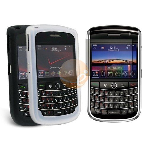 Privacy Screen Filter + Black Silicone Skin Case + Clear Clip-on case (with belt clip) for Blackberry Tour 9630
