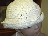 Ht55, Hand Crocheted Ivory Chenille and Gimp Tweed Gimp Children and Teens Floppy Hat with Pecot Edges