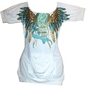 ROCAWEAR WOMENS WHITE TURQUIOSE GOLD GLITTER FEATHERS DREAM CATCHER TUNIC SHIRT