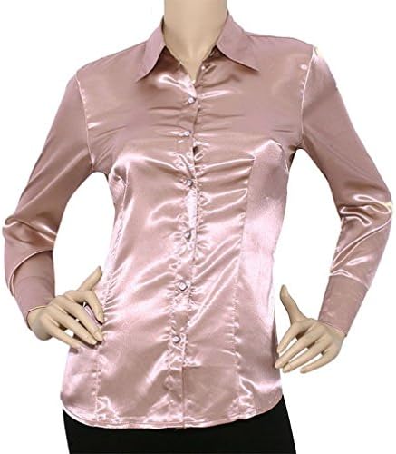 Mememall Fashion Lady Satin Charmeuse L/Slv Button Down Solid Collar Shirts Blouse