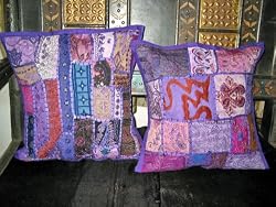 2 Purple Patchwork Floral Embroidered Cushion Covers Pillow Case India 16"x16"