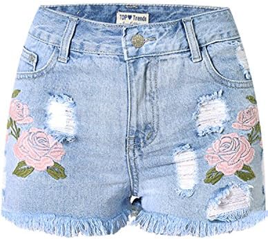 Burvogue Women's Blue High Waist Retro Ripped Hole Denim Shorts Jeans (L(US SIZE 6-8), Flower Light blue)