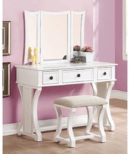PNX Bobkona Edna Vanity Set, White, Tri-fold mirror vanity table with stool set, Two small drawer and one large center drawer, Antique brass-look drawer handle.