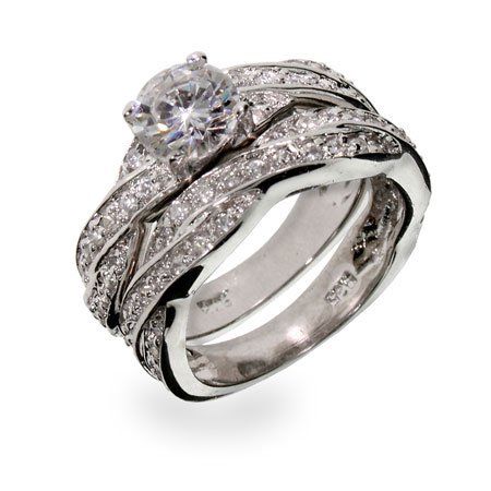 Eve's Addiction Sterling Silver Twisted CZ Wedding Ring Set