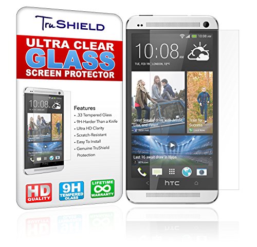 HTC One M7 Screen Protector - Tempered Glass - Package Includes Microfiber Cleaning Wipe, Installation Tips with Video - Retail Packaging - by TruShield