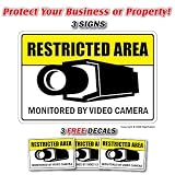 RESTRICTED AREA 3 Signs & 3 Free Decals security camera