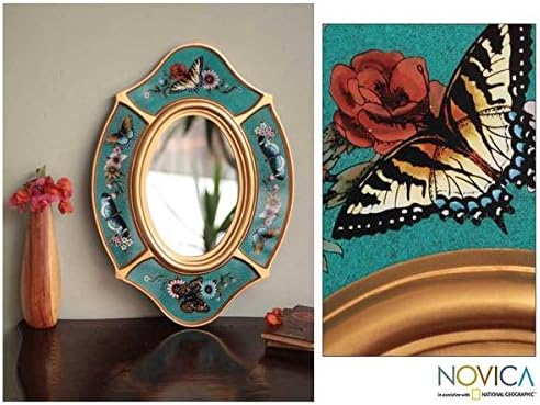 Handcrafted Glass 'Turquoise Butterfly' Mirror (Peru) Frame: 22.6" high x 15.9" wide x 1.4" deep