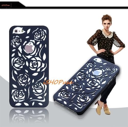 NEW CUTE!!! Hollow Out Rose Flower Pattern PC Hard Case Hard Skin For Apple iPhone 5 5G (Black Rose)