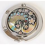 Handbag holder, purse hook with black velvet pouch, handmade mother of pearl gift, Peacock'