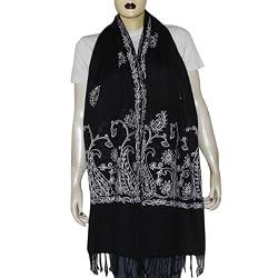 Black Scarve Stoles Wool Embroidery India 80 x 29 inches