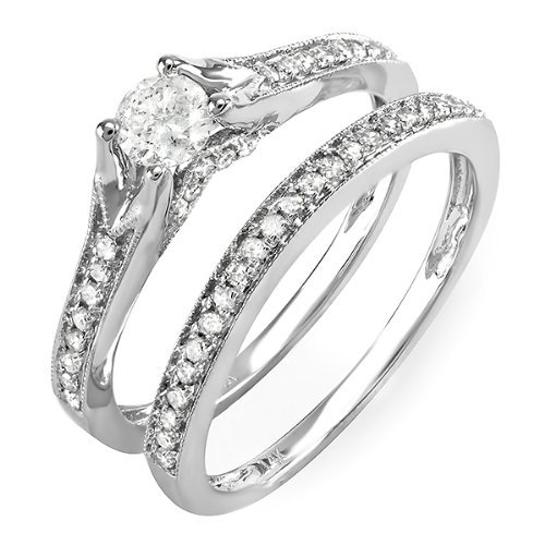 0.65 Carat (ctw) 14k White Gold Round Diamond Ladies Bridal Split Shank Ring Engagement Matching Band Set