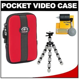 Tamrac 3814 Neoprene Neo's Pocket Video Camcorder/ Camera Case (Red) with Tripod + 5-Piece Cleaning Kit for Flip Video Ultra, Ultra HD, Mino, Mino HD and Slide HD