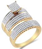 Size 9 - 10K Two Tone Gold Diamond Mens and Ladies Couple His & Hers Trio 3 Three Ring Bridal Matching Engagement Wedding Ring Band Set - Square Princess Shape Center Setting w/ Micro Pave Set Round Diamonds - (.97 cttw) - SEE 