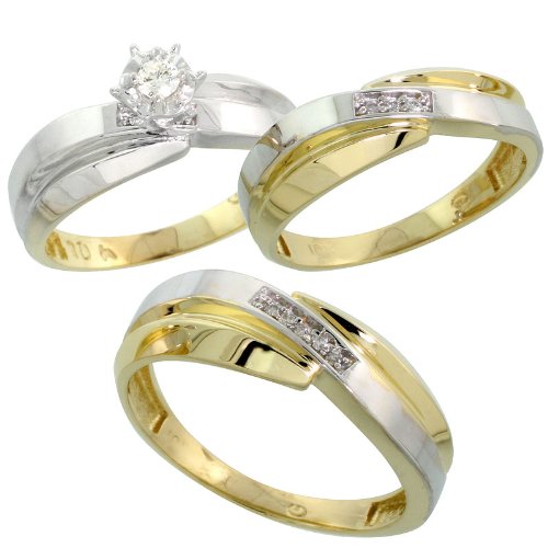 10k Gold 3-Piece Trio His (7mm) & Hers (6mm) Diamond Wedding Band Set w/ Rhodium Accent, w/ 0.15 Carat Brilliant Cut Diamonds; Ladies Size 6.5