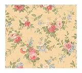 read full review York Wallcoverings WW4422 West Wind Vining Vintage Rose Prepasted Wallpaper, Gold/Soft Pink/Blue