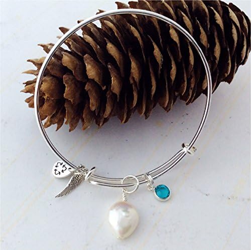 Birthstone Bangle Bracelet, December, freshwater pearl & Blue Zircon Swarovski crystal,silver wire charm bangle