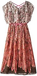 Girls V-neck General Print Polyester Feathers Belted Maxi Dress 