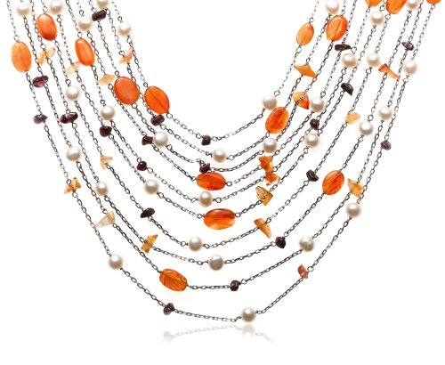Sterling Silver Freshwater Cultured Pearl, Garnet and Carnelian Necklace, 18