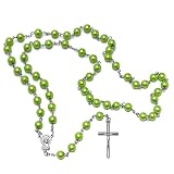 Religious Green Faux Pearl Beads 8 mm Rosary With Mother Mary and Jesus Cross - 32 inch Necklace - 6 inch Drop Length