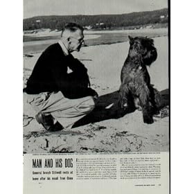 MAN AND HIS DOG: General Stilwell, who says his household rank is "just after the dog," passes a few minutes with his Giant Schnauser, Gary, on the beach near his home. ..... 1944 LIFE Magazine Picture, A3049A