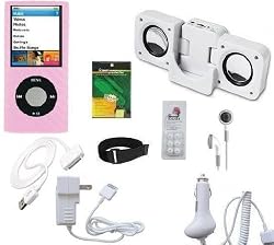 9 In 1 Accessory Bundle Combo for Apple Ipod Nano Chromatic 4th Generation 8gb, 16gb Series: Pink Silicone Skin Case Cover, USB 2in1 Data Sync Cable, Car Charger, Wall / Travel / AC Adapter Charger, 3.5mm Stereo Headset, Armband, Earbud Caps (come with 3 different sizes), Portable Foldable Speaker Dock, and a Screen Protector