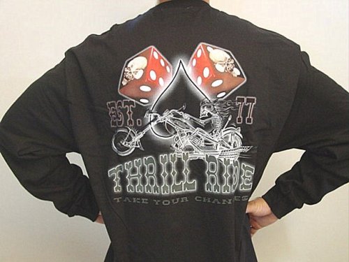 Thrill Ride Mens Long Sleeve Heavy Black Shirt, Skull Dice Taking Chances Shirt