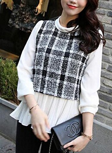 シャツ ブラウス カットソー ツイード チェック 柄 ベスト シフォン フリル チュニック 長 袖 トップス 黒 (オリジナル・ブレスレットとサシェセット)