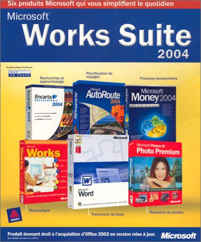 Works Suite 2004 CD (Word, Works 7,0, Money 2004, Encarta Encyclopédie 2004, Autoroute 2004, Picture it Premium 9)