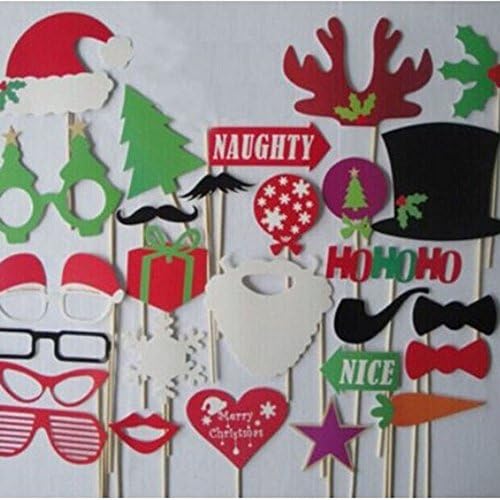 27pcs Merry Christmas Series Photo Booth Props Hat Mustache Lips Glasses On A Stick Holiday Theme Fun Wedding Birthday Party Favors (27pcs Christmas Props)