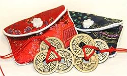 Amulet - Chinese Feng Shui I Ching Coins with Brocade Pouches - 2 sets
